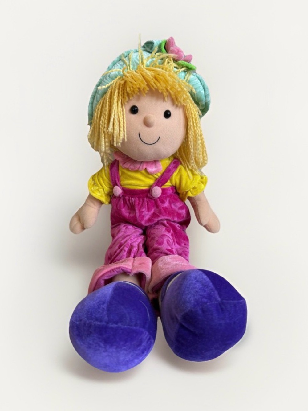 Vintage Goffa 28" Large Plush Rag Doll Yarn Hair Y2K Kidcore Pink Overalls Toy